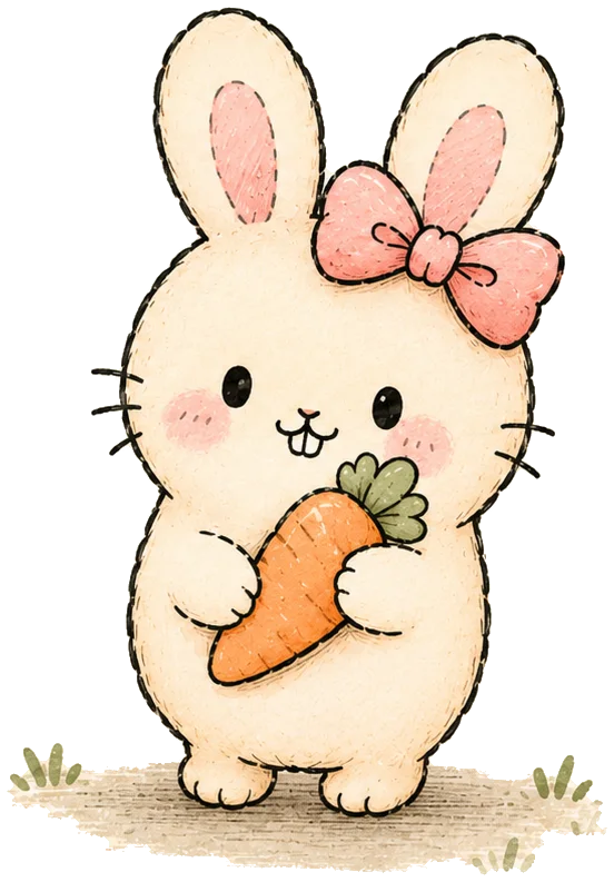 ani the bunny standing on a patch of grass, hugging a carrot