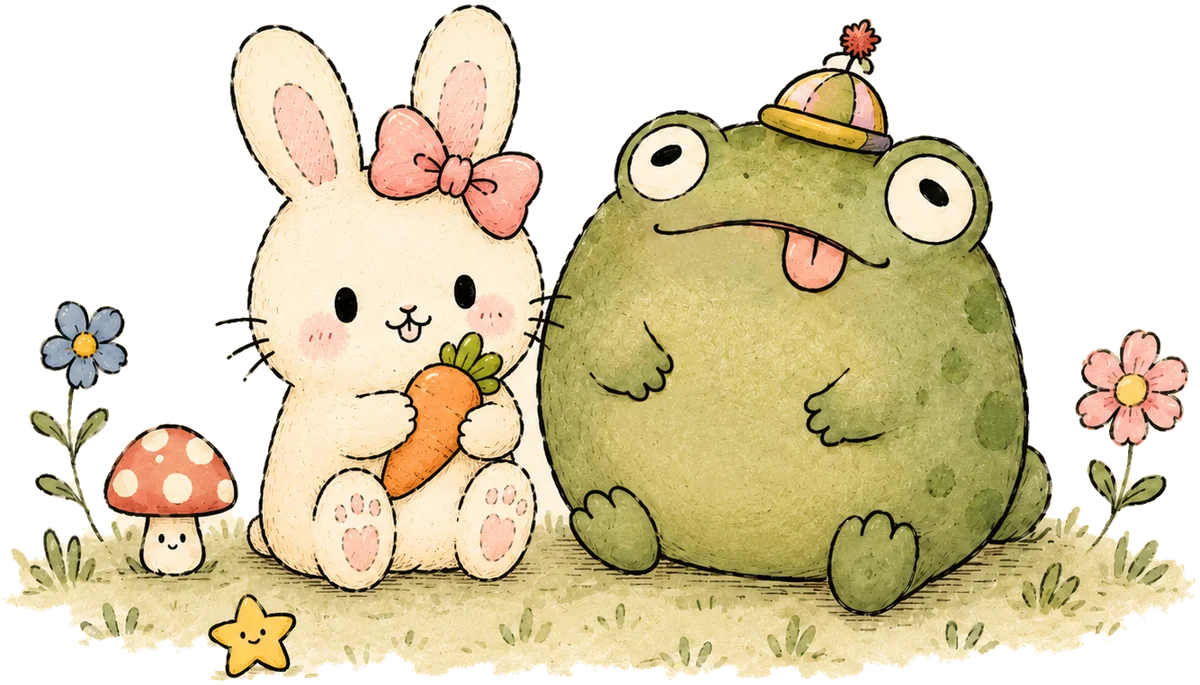 ani, a little cream bunny with a pink bow hugging a carrot, sitting next to mal, a big round green toad wearing a tiny hat