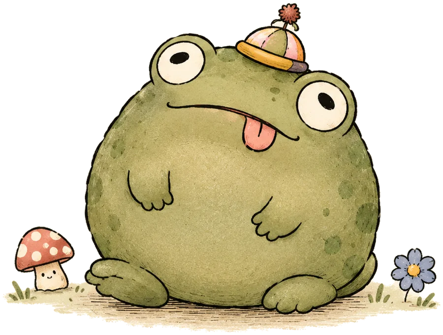 mal the toad sitting very roundly next to a mushroom, hat too small, tongue out
