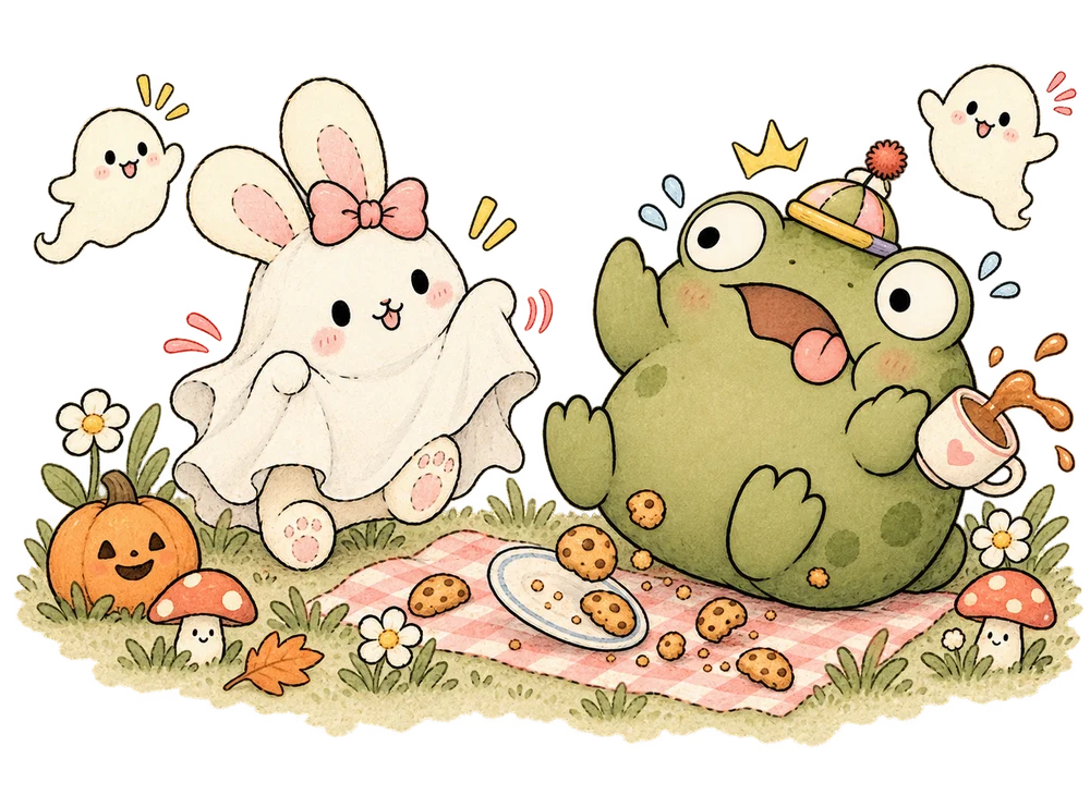 ani in a little ghost costume surprises mal, who spills his cocoa while two real ghosts giggle nearby