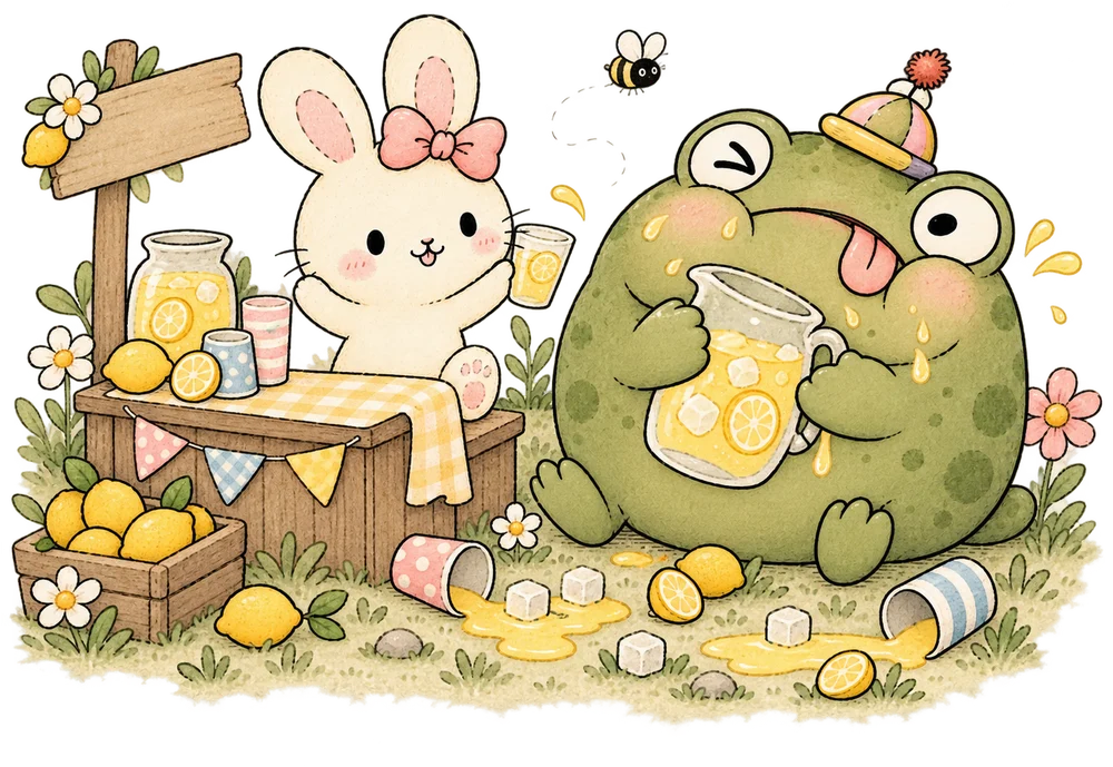 ani raises a glass at the lemonade stand while mal drinks straight from the pitcher