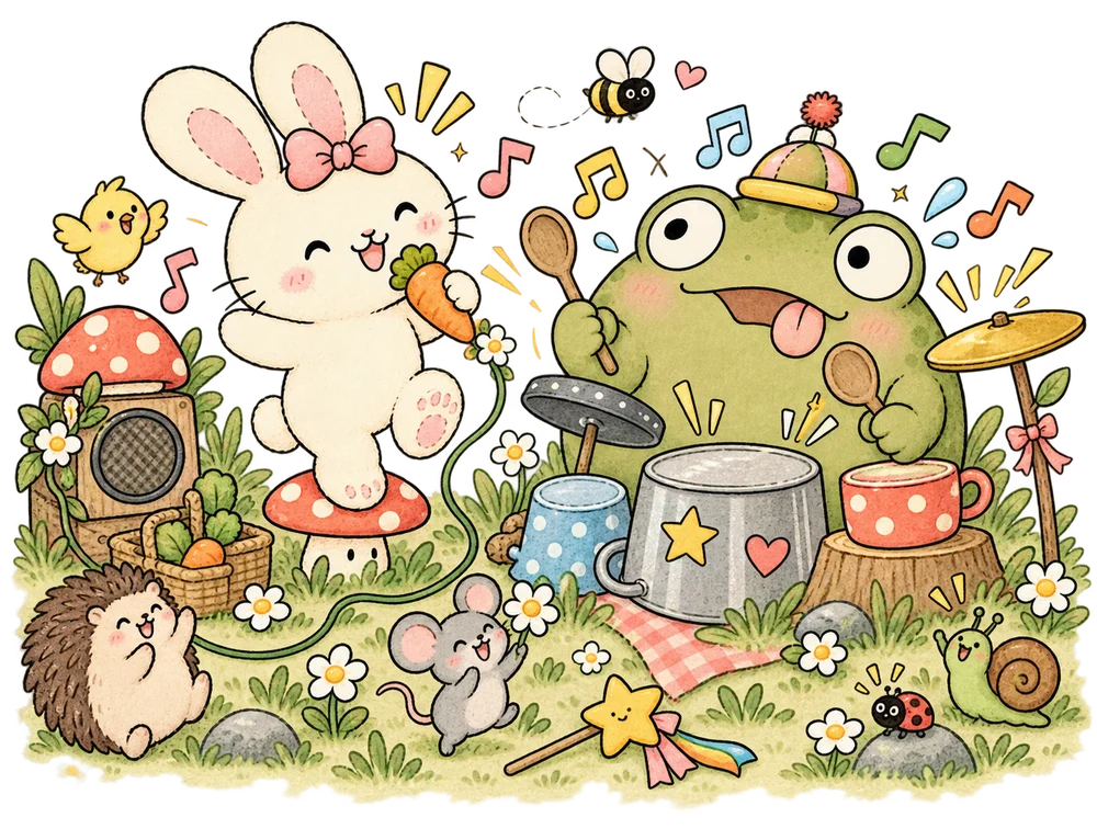 the kitchen band: ani sings into a carrot on a mushroom stage while mal drums on pots with wooden spoons; a hedgehog, a mouse and a snail are the audience