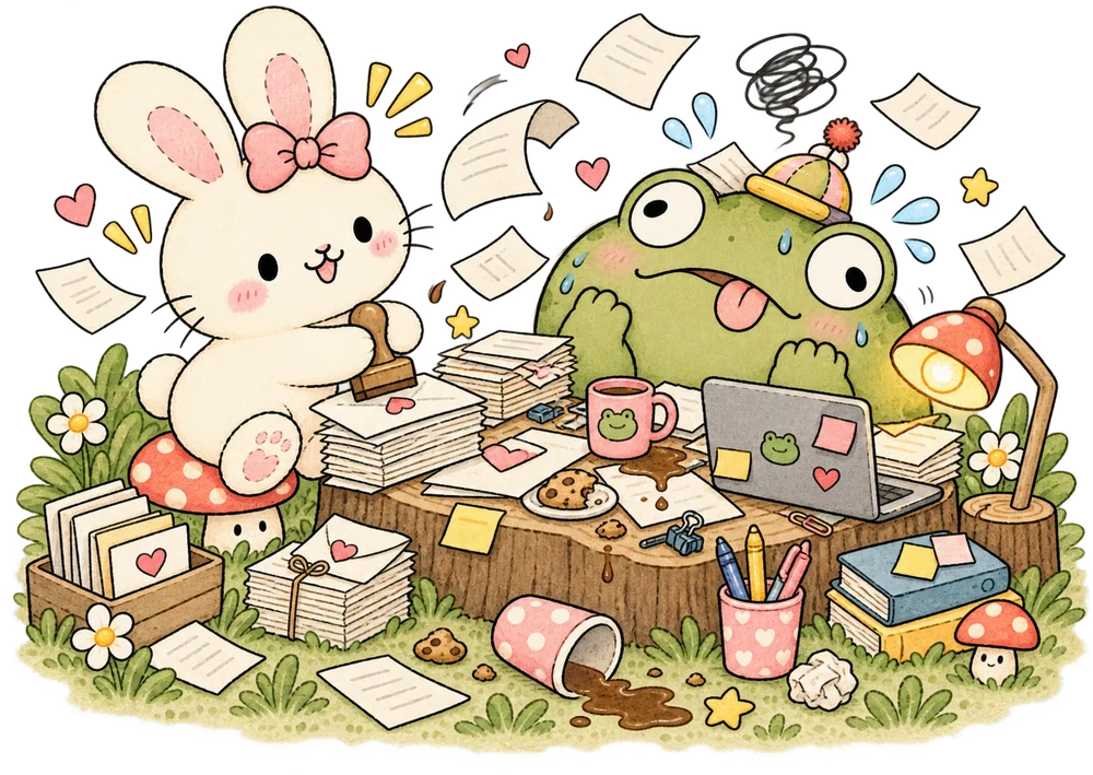 mail day: ani happily stamps a tall pile of letters while mal sweats at a laptop with coffee spilled everywhere