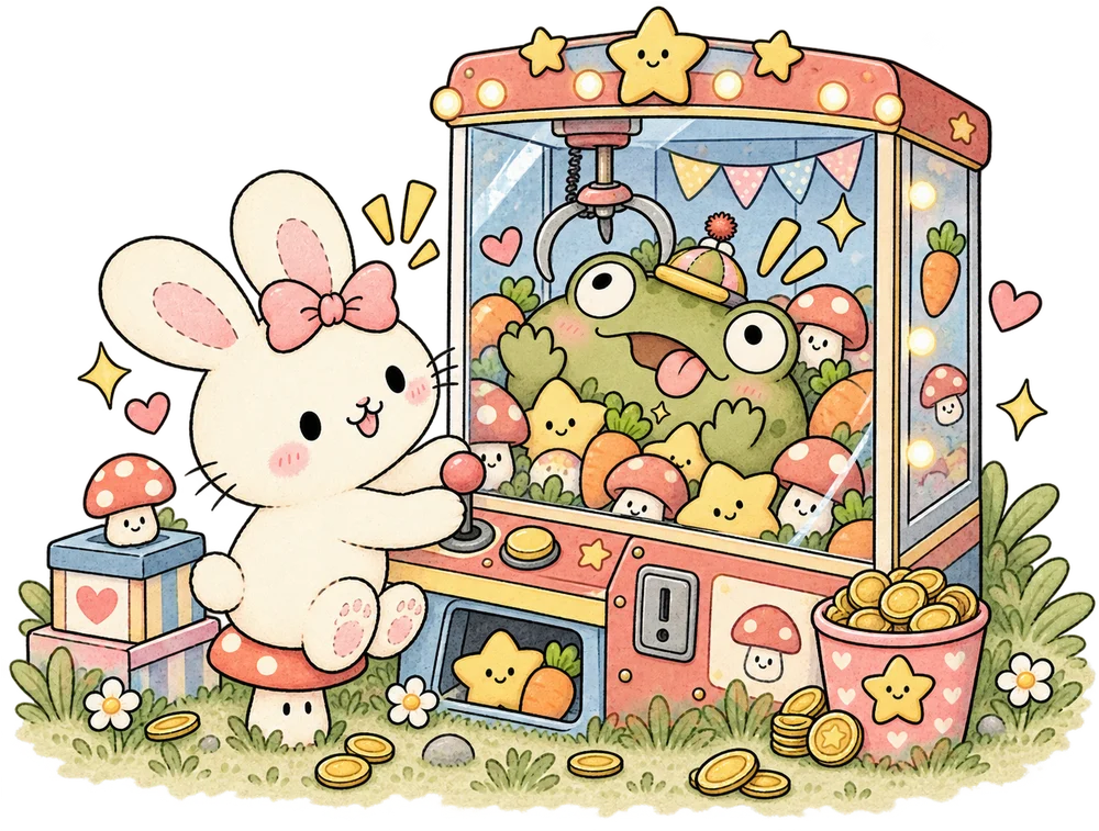 ani works the joystick of a claw machine that is full of plushies, and also mal, who is inside pretending to be a prize