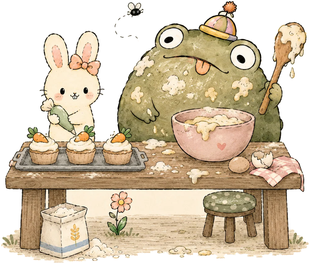 ani pipes frosting onto carrot cupcakes while mal, covered in batter, holds a dripping spoon