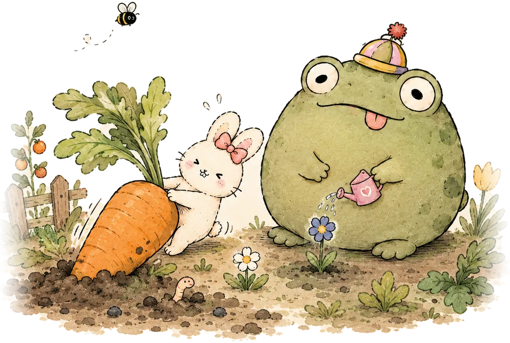 ani heaves an enormous carrot out of the dirt while mal waters a single flower