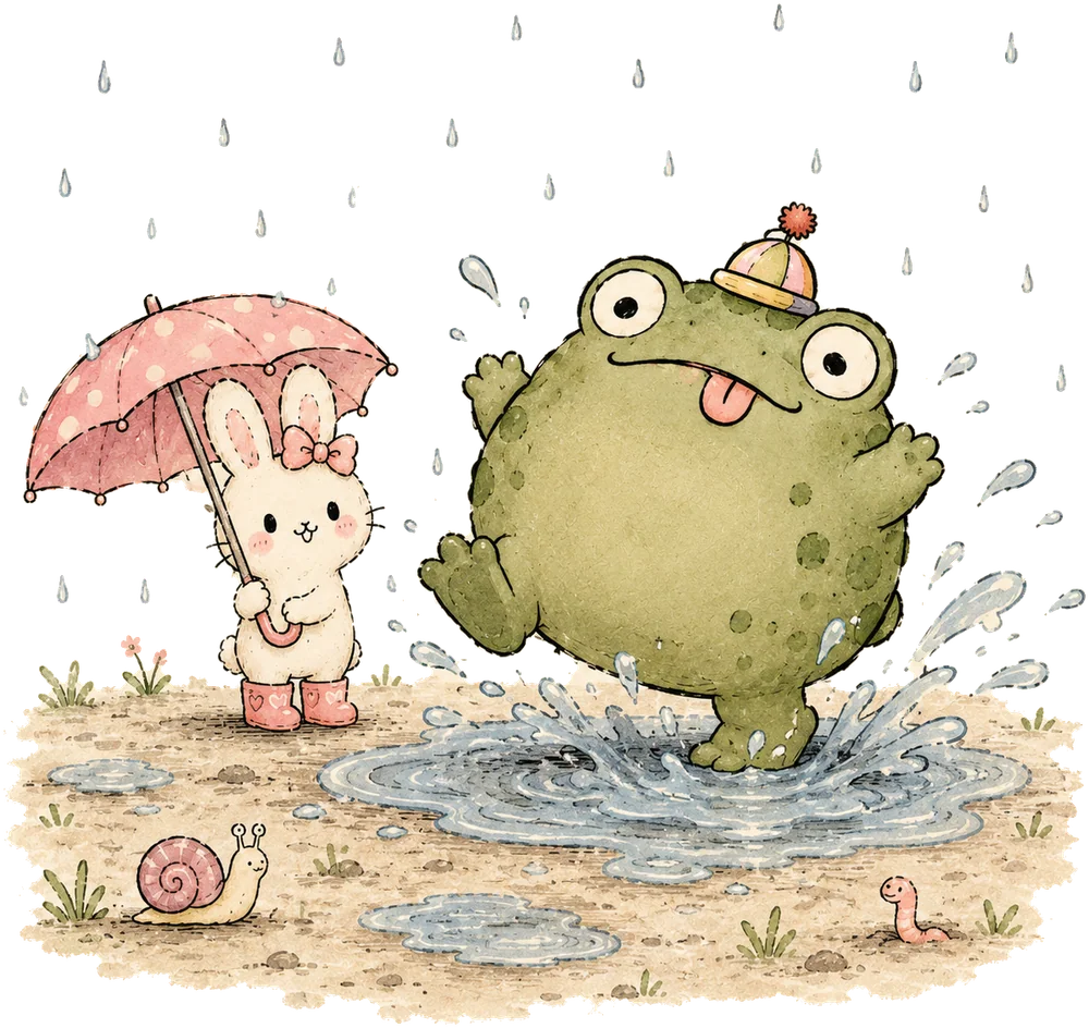 ani under a pink polka-dot umbrella while mal leaps joyfully into a puddle
