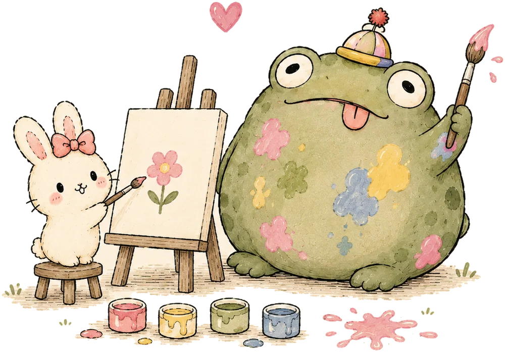ani paints a flower on an easel; mal has painted himself instead