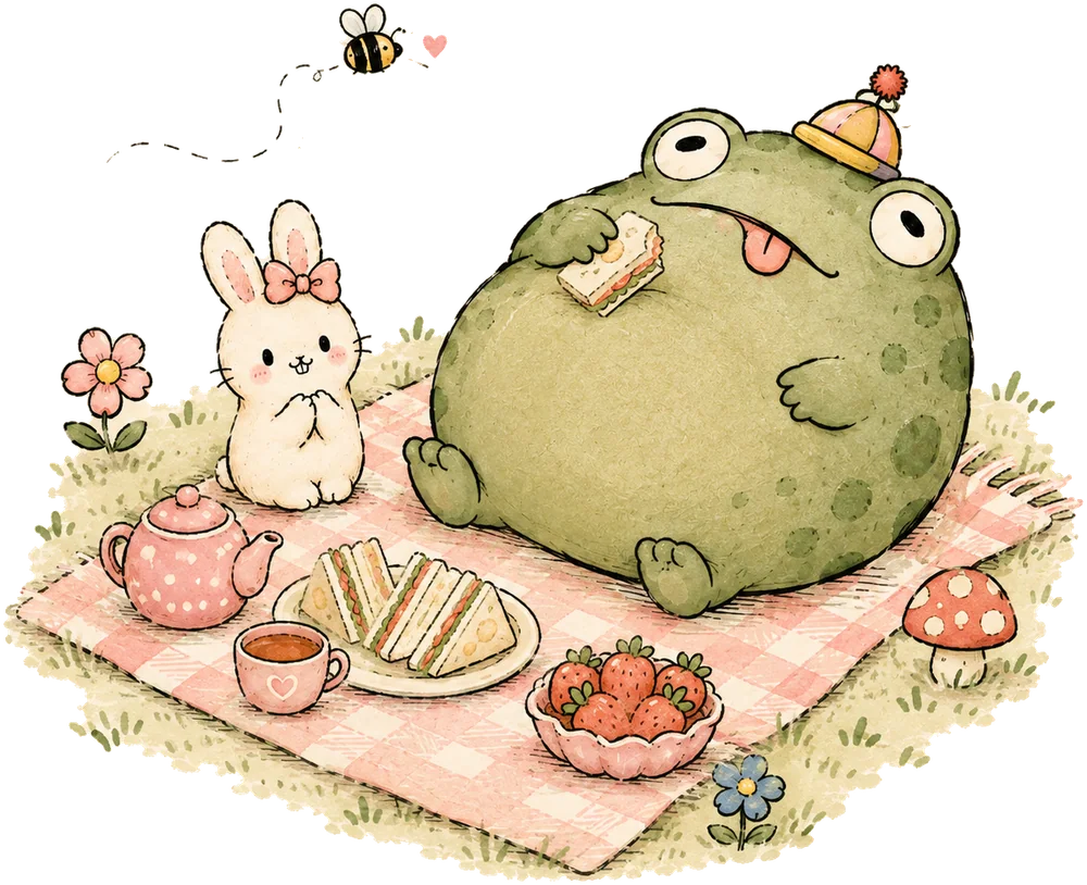 picnic on a gingham blanket; mal is holding a sandwich and looking innocent
