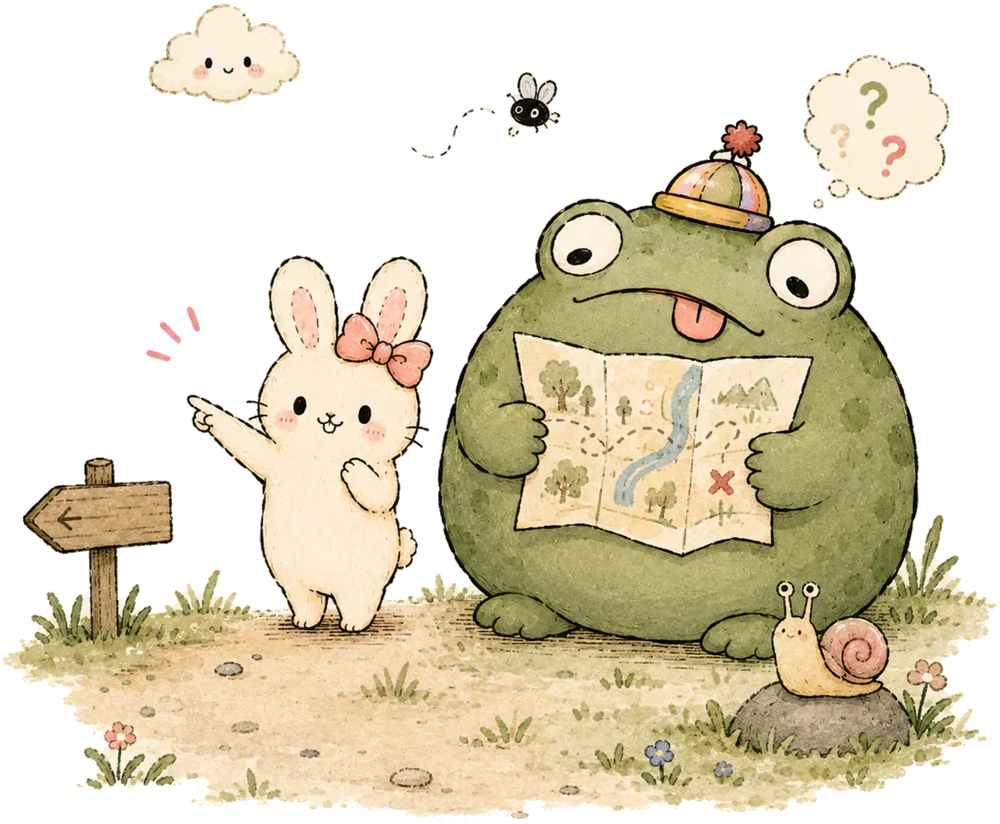 ani points confidently down a path while mal holds a map upside down with question marks over his head