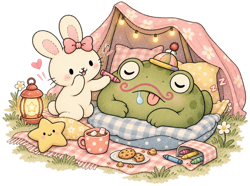 in a blanket fort, ani draws a curly moustache on mal, who is fast asleep on a pile of pillows